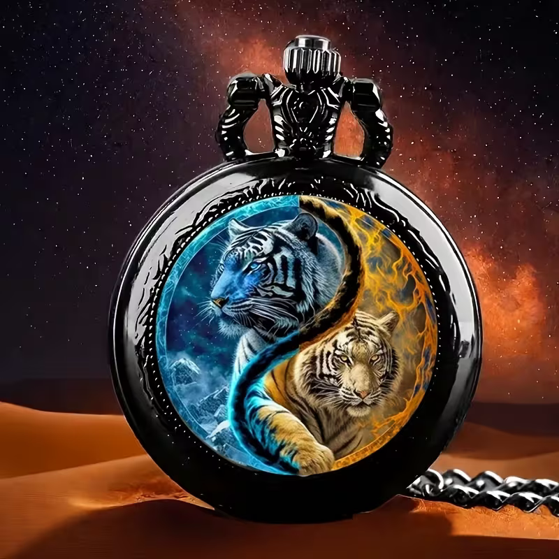 Reloj de tigres yin yang sobre un fondo azul y naranja