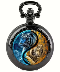 Reloj de bolsillo oscuro con 2 tigres en tonos azules y naranjas