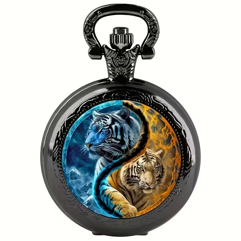Reloj de bolsillo oscuro con 2 tigres en tonos azules y naranjas