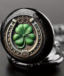 Detalle de la imagen de trébol verde enmarcada por una herradura