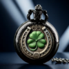 Reloj de bolsillo oscuro con un trébol verde de 4 hojas y una herradura