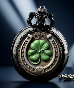 Reloj de bolsillo oscuro con un trébol verde de 4 hojas y una herradura