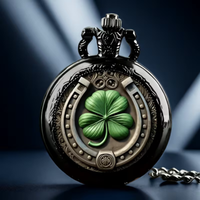 Reloj de bolsillo oscuro con un trébol verde de 4 hojas y una herradura