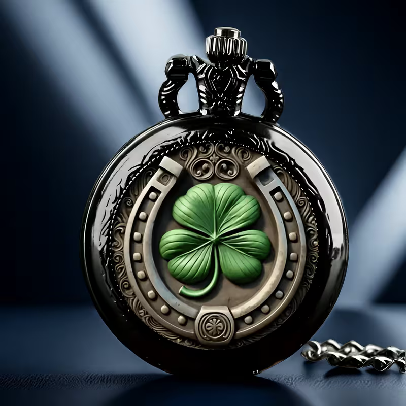 Reloj de bolsillo oscuro con un trébol verde de 4 hojas y una herradura